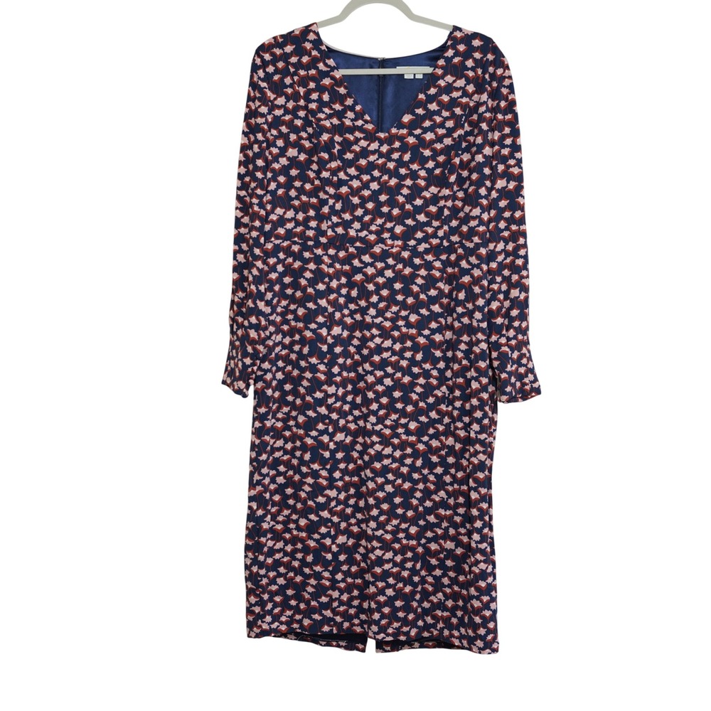 Boden Women's Size 12 Long Sleeve Midi Dress Long Navy Pink Tulip Floral V-Neck